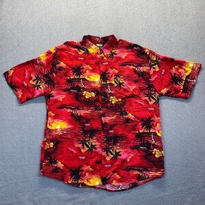 212 NYC  Hawaiian Men Button-Up Shirt Red Sunset Aloha Palm,Size XL,Rayon,Safari